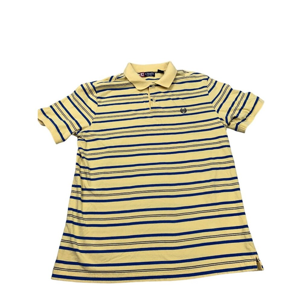 Chaps Men's Large Yellow & Blue Striped Polo Golf Grandpa Shirt 100% Cotton